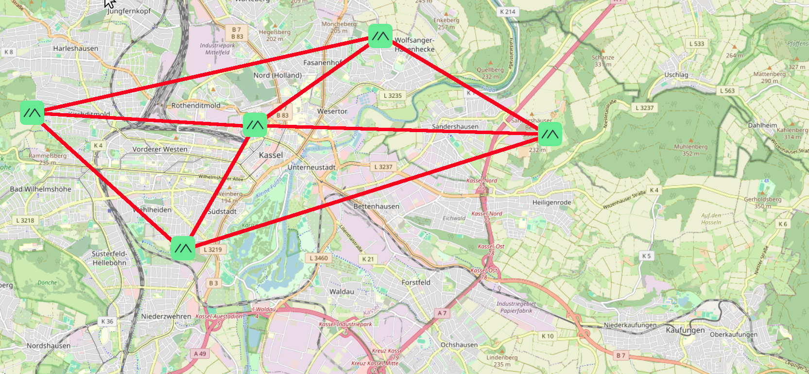 Karte von Kassel mit eingezeichneten Meshtastic Stationen